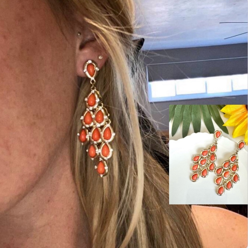 2/$30🌵 Orange Stone Petal Cascade Earrings Rhinestone Chandelier Gold Gift NEW
